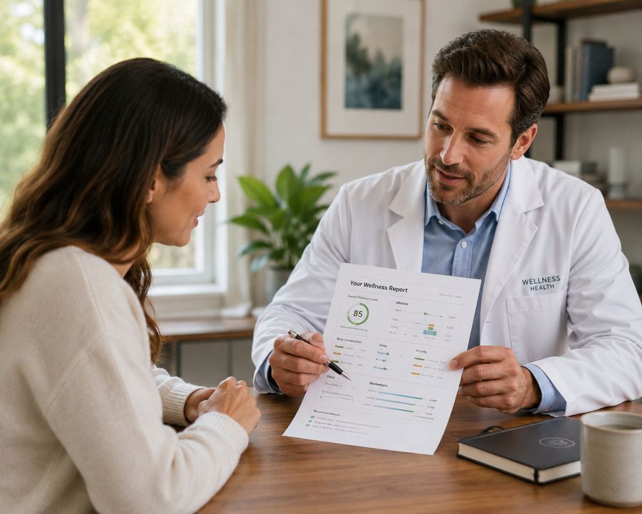 doctor reviewing a detailed wellness report